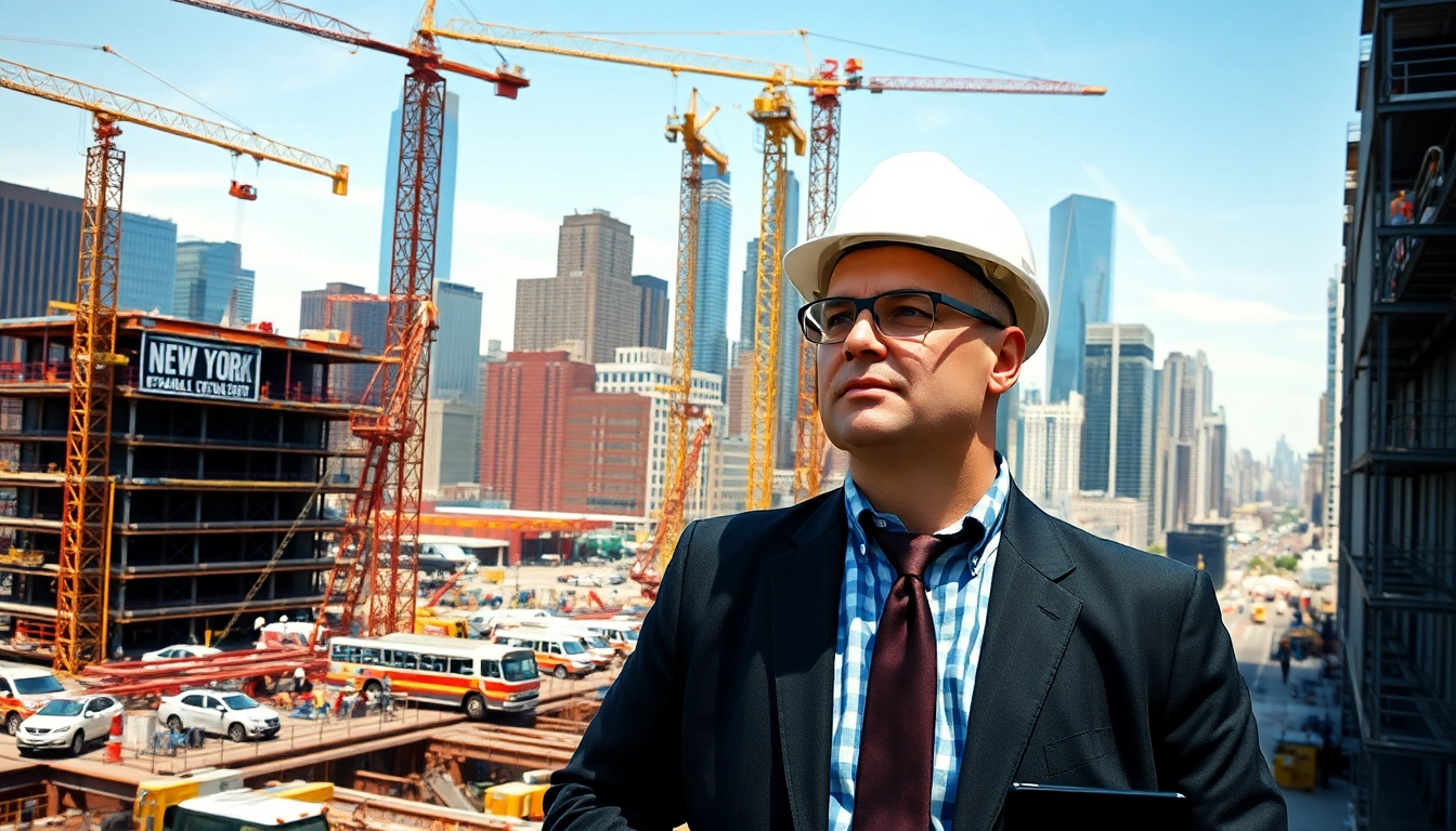New York Construction Manager supervising an active urban construction site with cranes and workers.