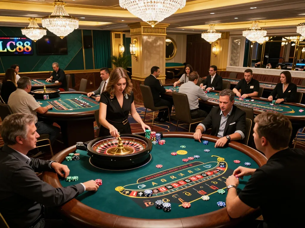 Players enjoying engaging gameplay at LC88 casino while placing bets at roulette tables.