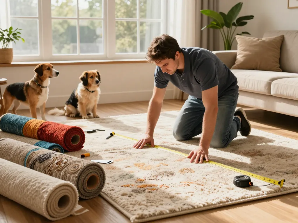 Professional carpet fitters near me measuring cozy living room floor with carpet samples.