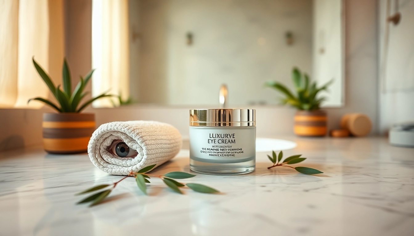 Eye cream with peptides displayed in a serene bathroom, emphasizing natural skincare and luxury.