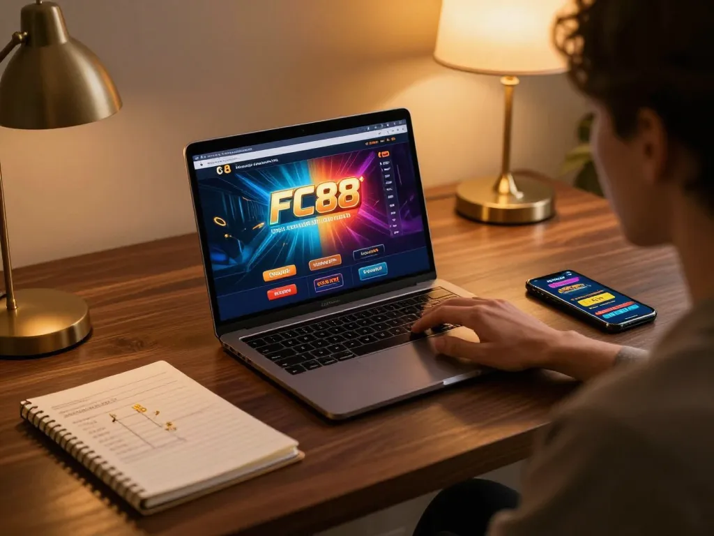 FC88 player engaging in online gaming with vibrant interface on laptop