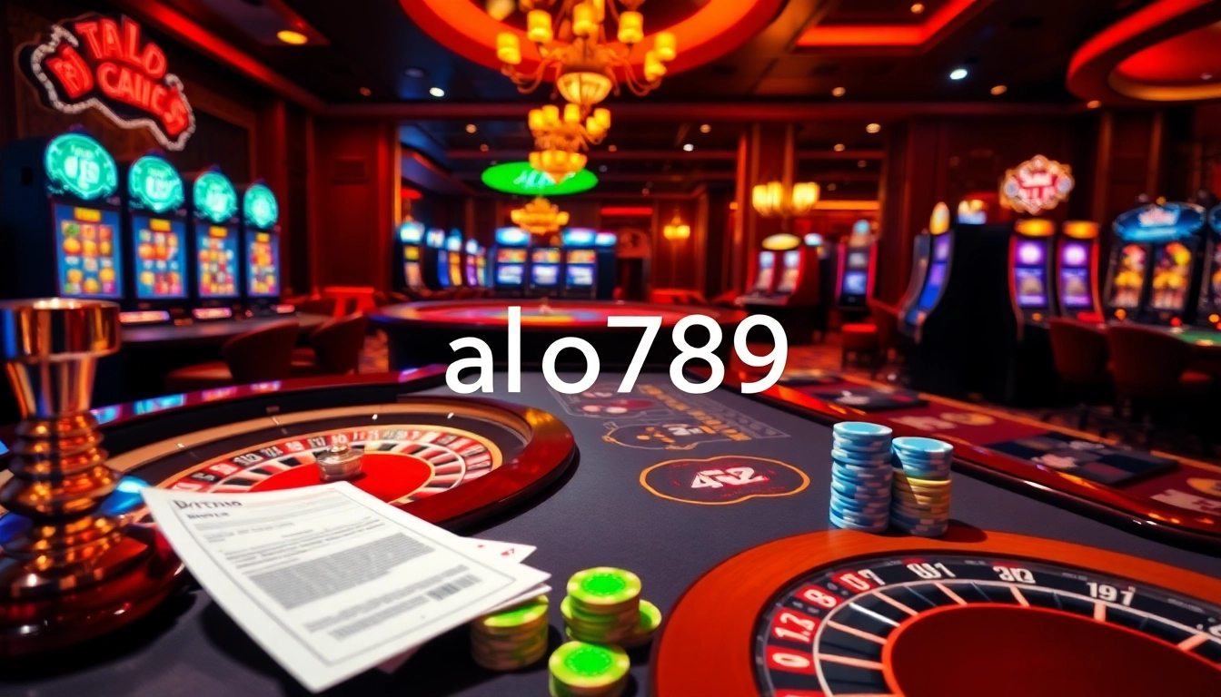 Experience the thrill of gambling at alo789 with a dynamic casino scene featuring cards, chips, and a roulette wheel.