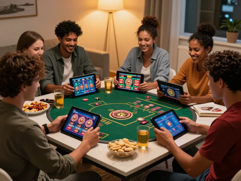 Engaging man club members strategizing online casino games together in a cozy setting.