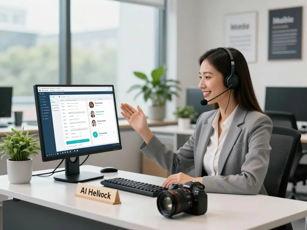 AI call handling service receptionist engaging customers in a modern office environment with advanced technology.