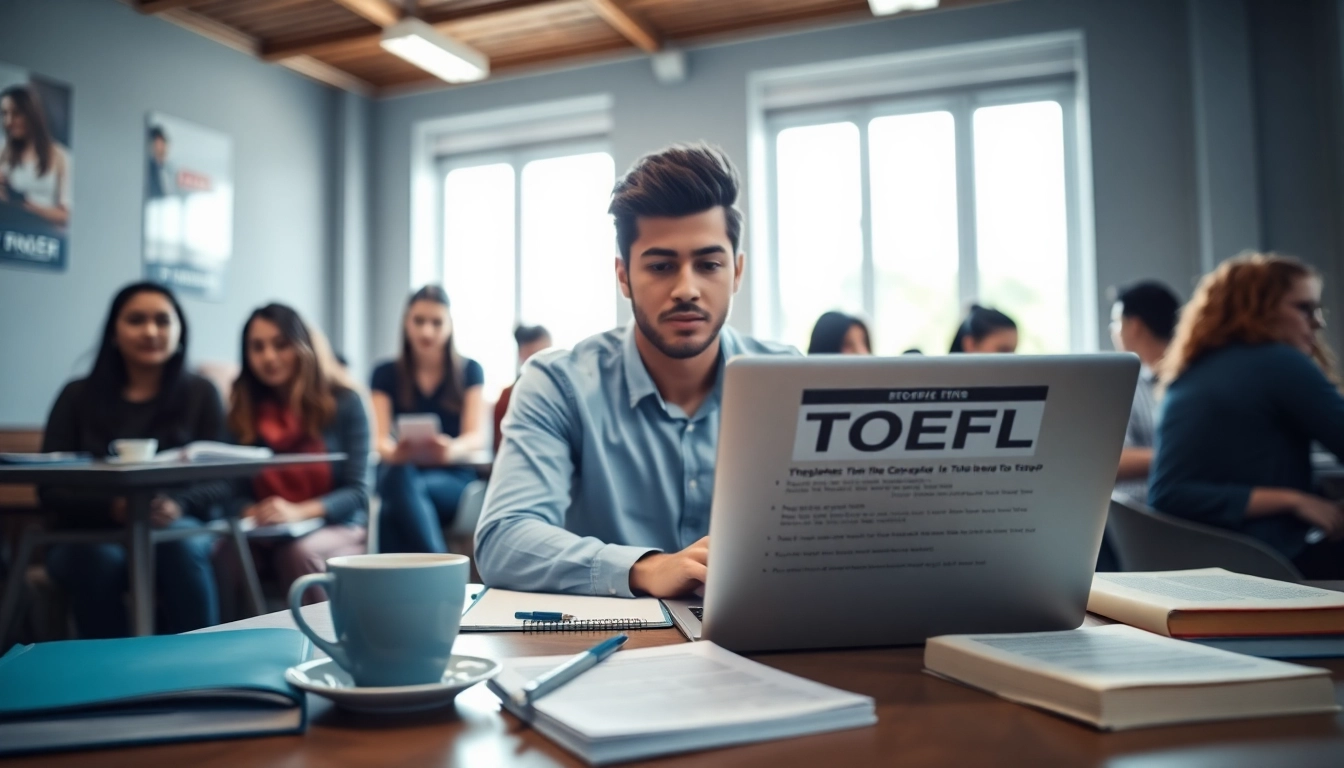 Pay someone to take TOEFL image with focused student studying in an inspiring environment.