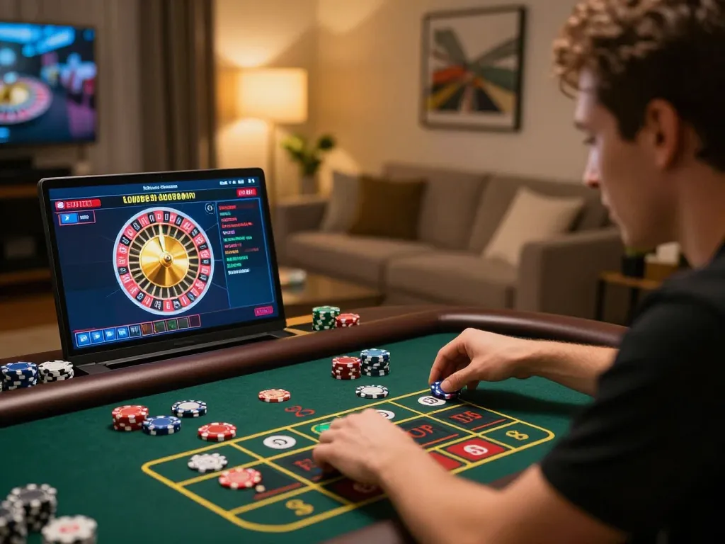 Player strategizing with go8 roulette game interface on laptop in cozy home setting