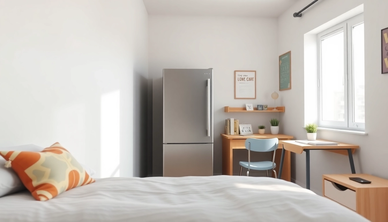Organized dorm room fridge in a vibrant bedroom full of personality.