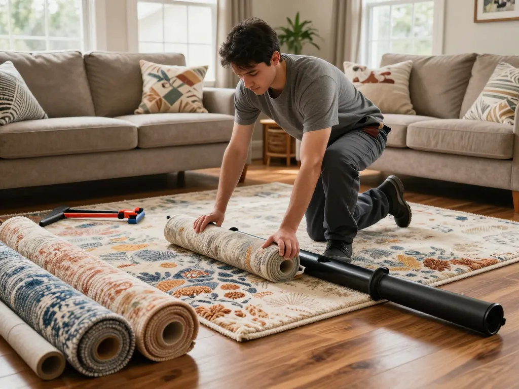 Residential carpet installation with a professional installer placing plush carpet in a cozy living room setting.