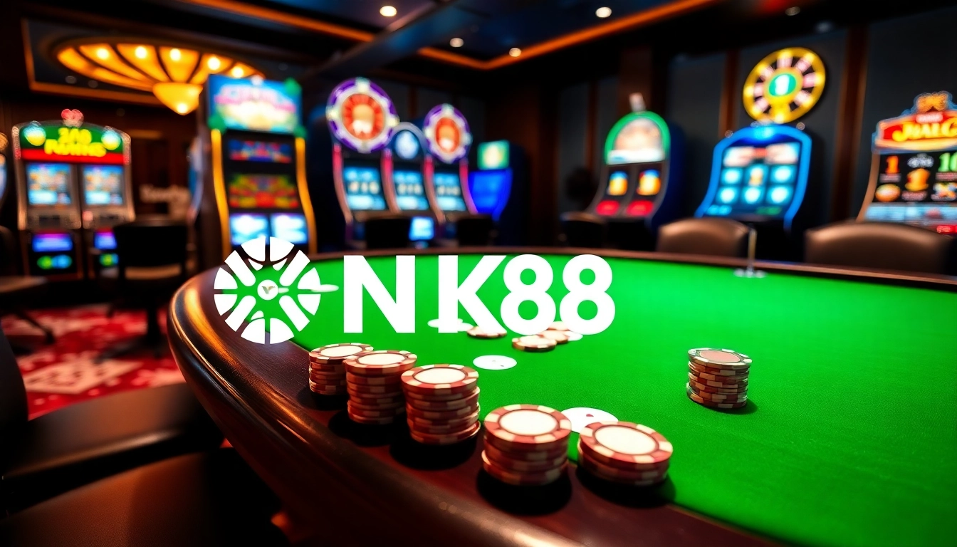 Engaging NK88 online gambling scene with poker table, vibrant chips, and digital betting interface.