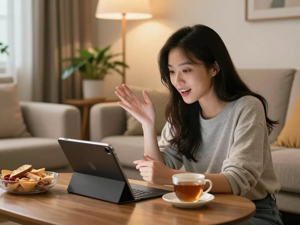 Engaging with an AI gf in a cozy home setting, showcasing virtual companionship.