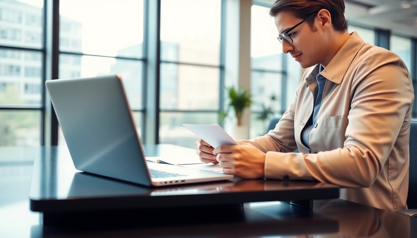 Consultant engaged in registration and certification in Federal databases, analyzing paperwork.