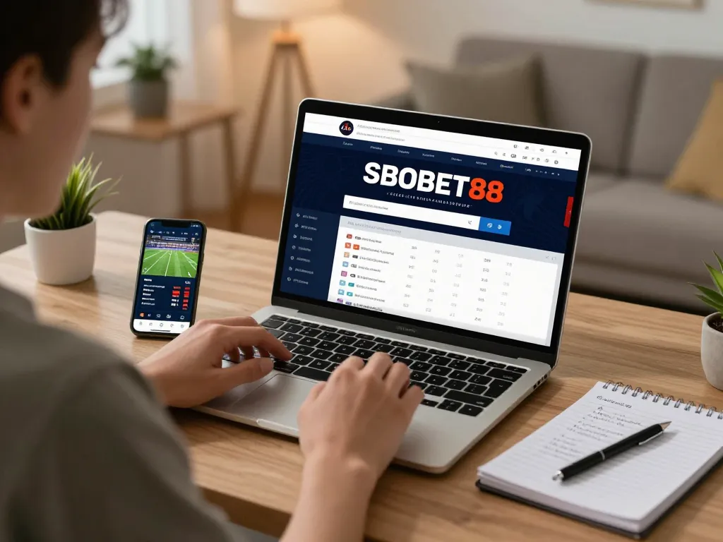 Antarmuka taruhan SBOBET88 ditampilkan di laptop selama sesi taruhan olahraga online yang menarik di rumah