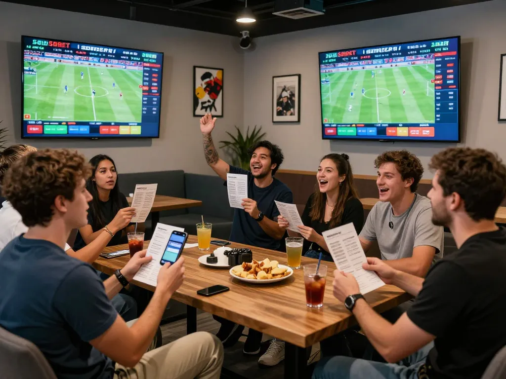 SBOBET sports betting excitement with friends in a modern lounge.