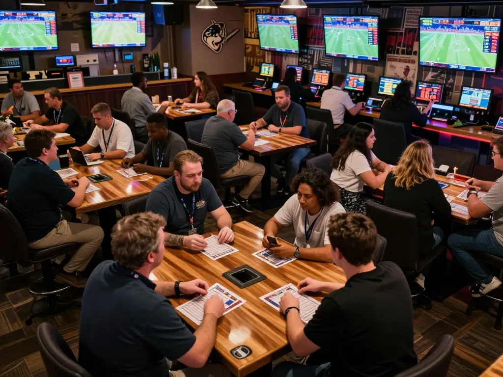 Tỷ lệ kèo nhà cái 5 showcased in a lively sports betting environment with fans engaged in betting activities.