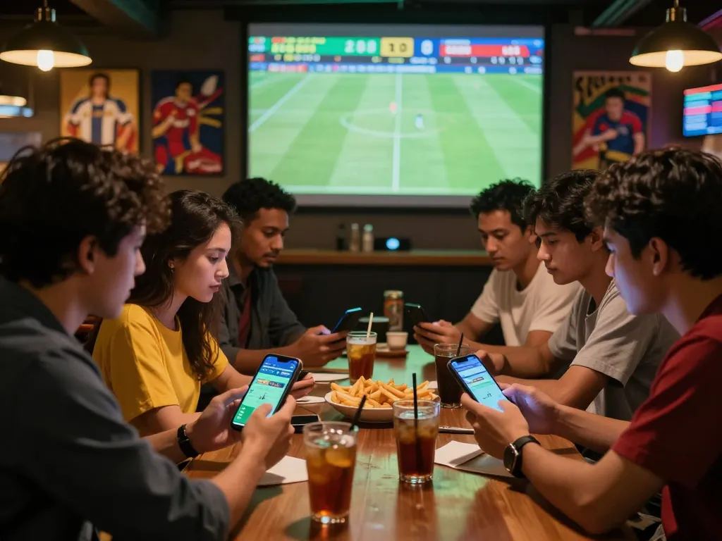 Group of sports fans placing bets on Judi Bola at a vibrant sports bar with screens displaying live matches and odds.