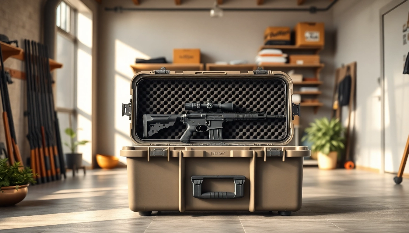 View a pelican gun case for sale expertly arranged in a workshop with rifles securely stored.