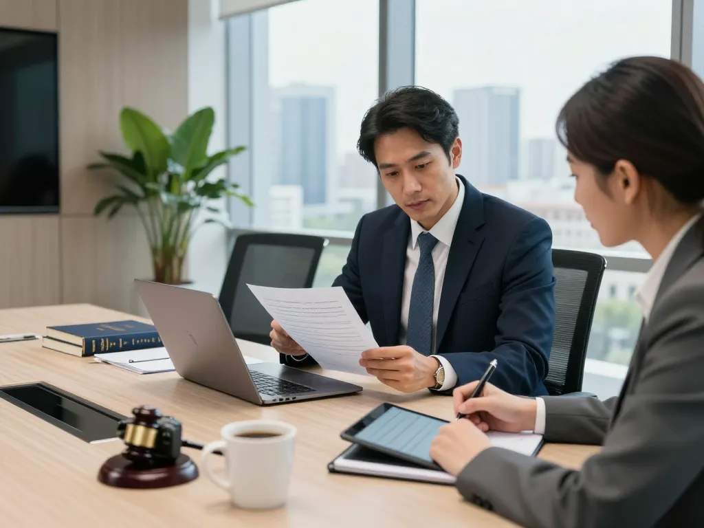 Technology compliance lawyer Ontario discussing legal documents with a client in a modern office