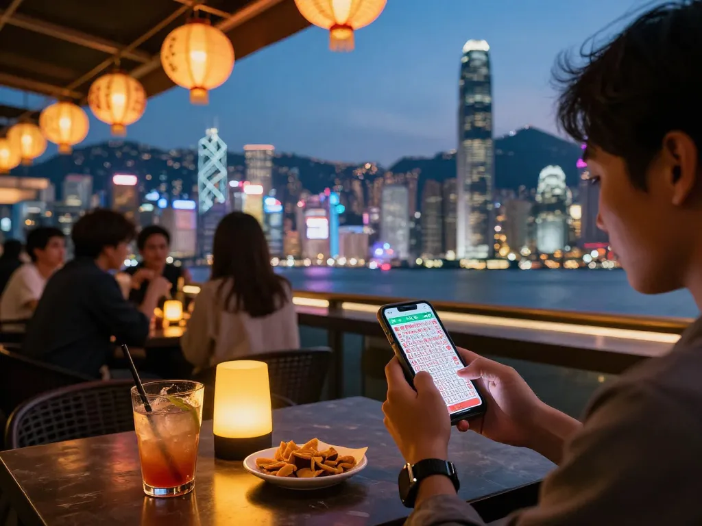 Memeriksa hasil HK Lotto di bar atap dengan pemandangan kota Hong Kong yang ramai.