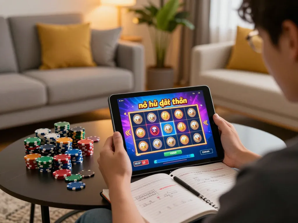 Engaging in online nổ hũ đổi thưởng gameplay on a tablet at home, visualizing strategic betting.