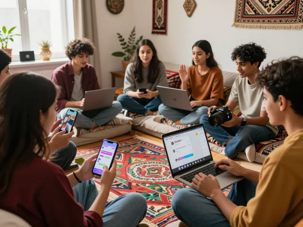 Engaging scene of شات فلسطين with young people chatting in a vibrant, cozy room.