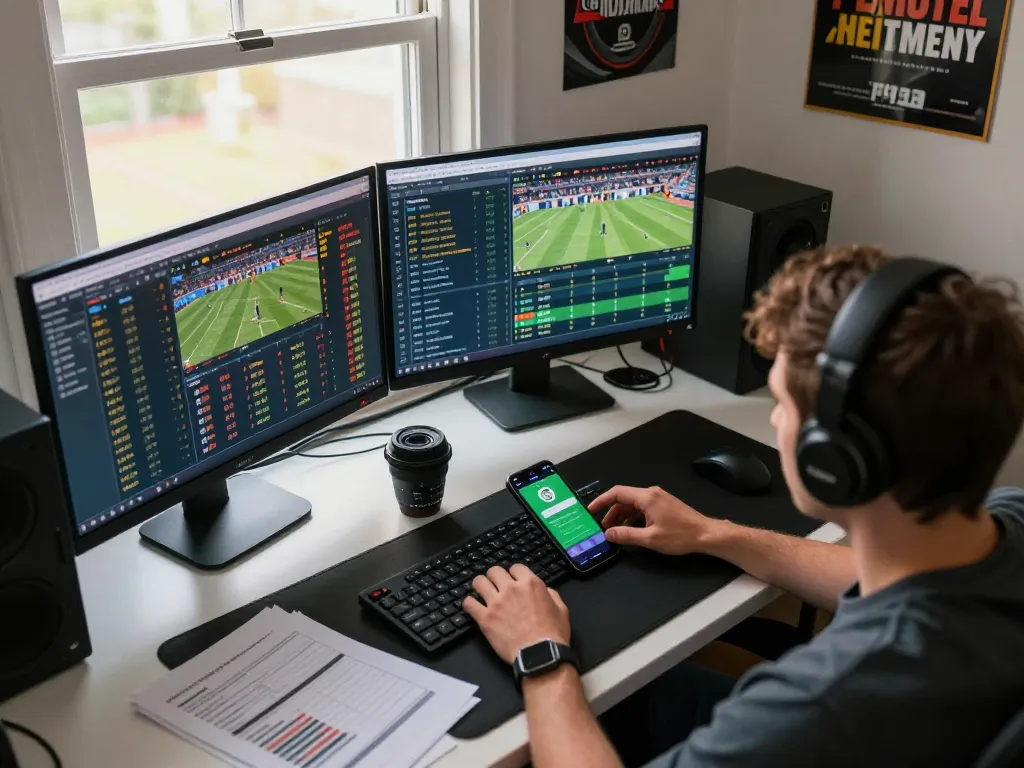 Engaging in sports betting strategies on ee88go with multiple screens and a focused atmosphere