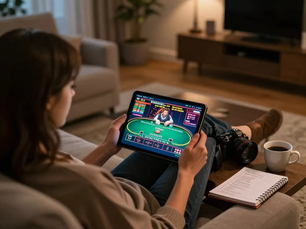 Engaged in online poker gaming, hitclub player strategizes from home with tablet and notes
