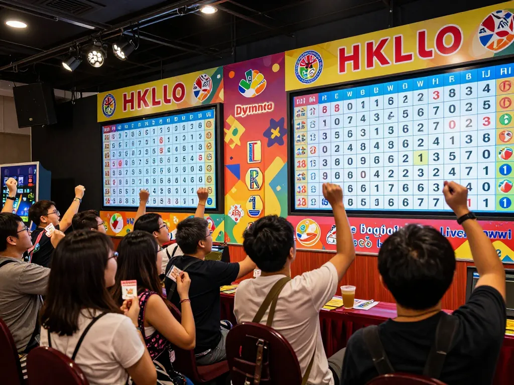 Pemain merayakan di acara undian langsung HK Lotto dikelilingi oleh semangat dan nomor menang.