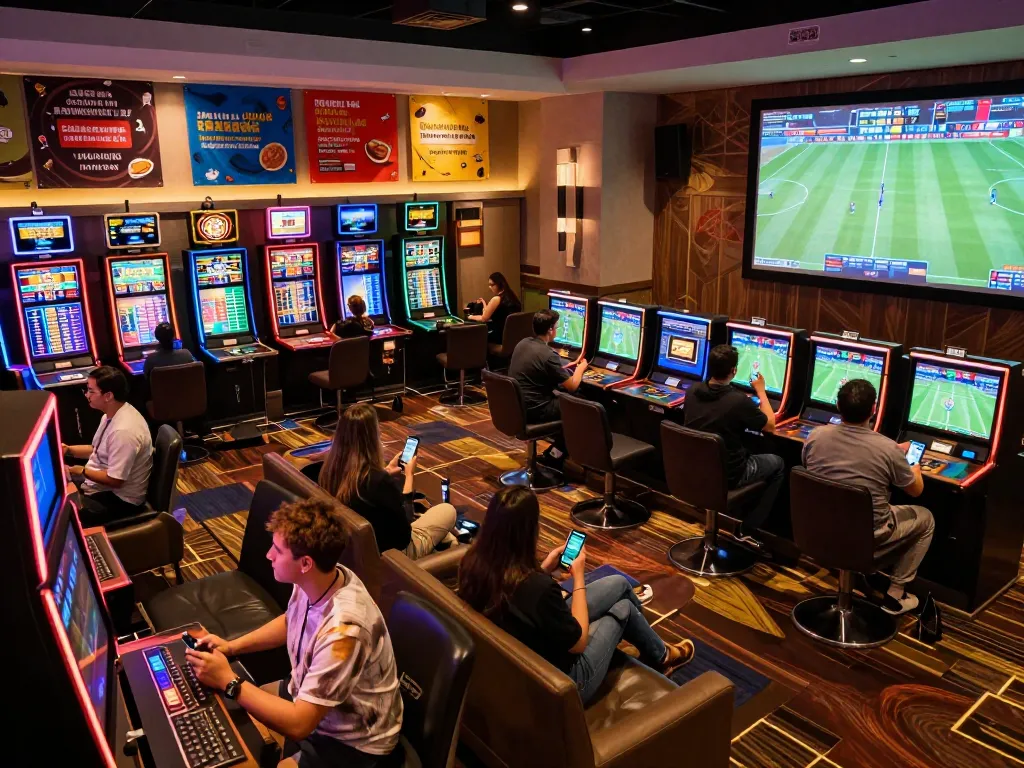Luck8 sports betting excitement with patrons engaging in live wagers on mobile devices.
