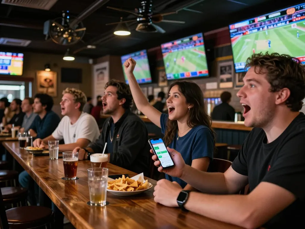 Sports betting scene featuring kèo nhà cái displayed on a smartphone, lively patrons cheering
