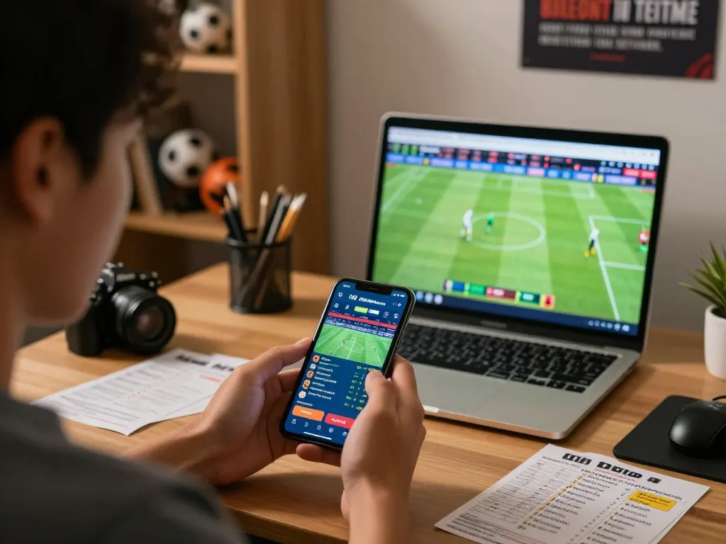 Pemain yang terlibat meninjau odds taruhan Judi Bola di smartphone, menunjukkan fokus yang intens di lingkungan rumah modern.