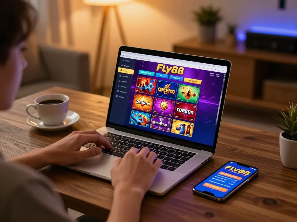 Player strategizing on Fly88 online casino platform, showcasing engaging gaming setup.
