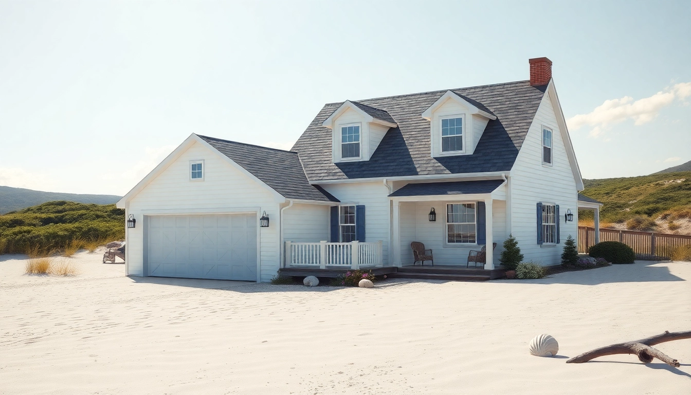 Showcasing beautiful cape cod homes with attached garages in a serene coastal setting.