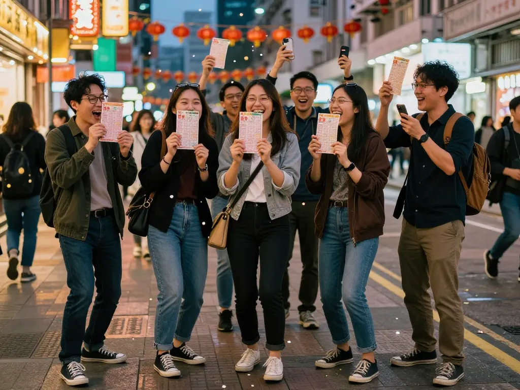 Sejumlah orang merayakan kemenangan HK Lotto mereka di tengah cahaya kota yang berwarna-warni dan konfeti.