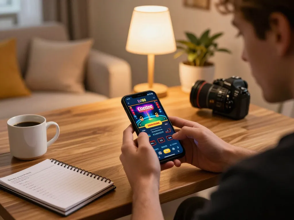 Player enjoying the LV88 casino app on smartphone in a cozy home while strategizing bets.