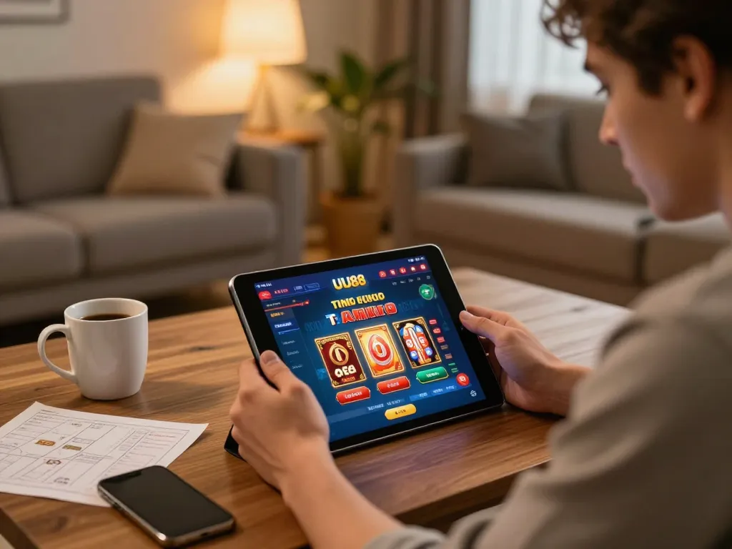 Play poker on uu88 app at home, showcasing a player engaged in online gaming.