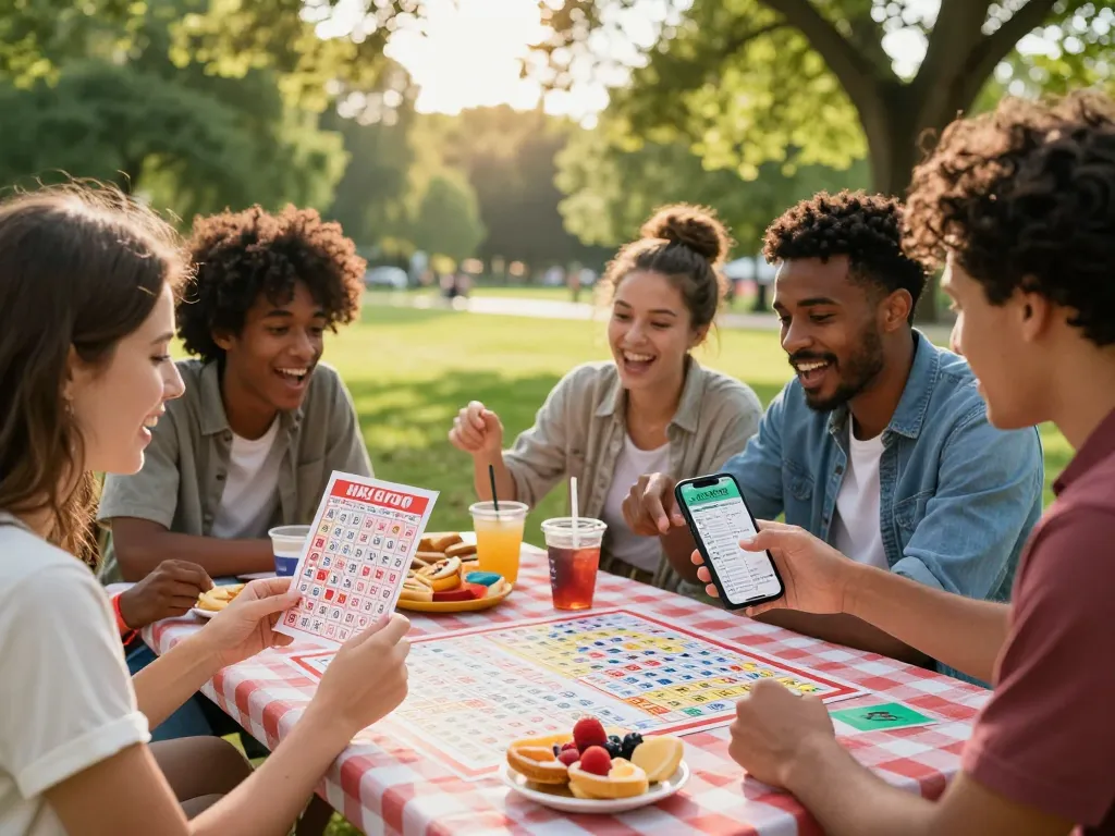 Teman-teman menikmati permainan HK Lotto di meja piknik di taman, merayakan bersama.