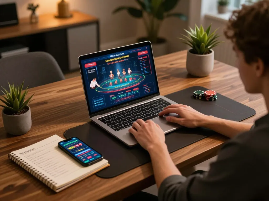 Engaged player using laptop for online casino at nhà cái F168, showcasing strategic betting.