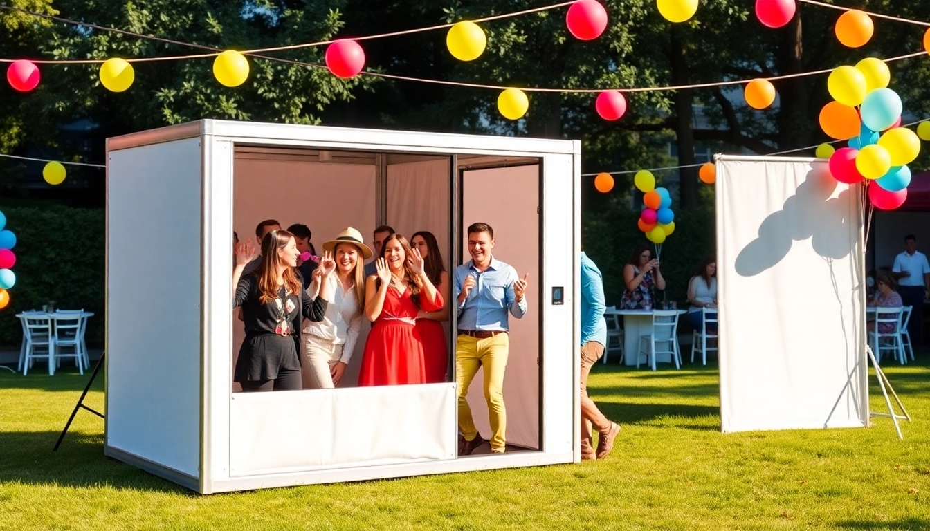 Capture fun moments at a photo booth rental during an outdoor event with joyful guests.