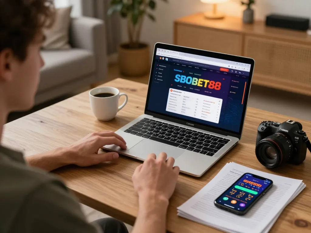 Pemain SBOBET88 terlibat dalam taruhan online strategis di rumah dengan laptop dan catatan