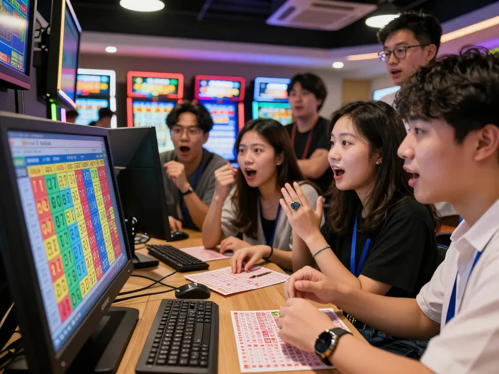 Pemain yang bersemangat memeriksa hasil HK Lotto di ruang permainan modern.