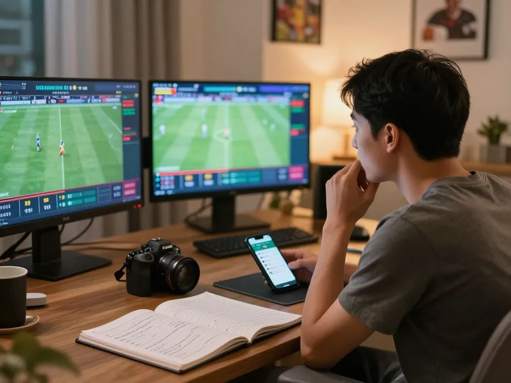 Betting enthusiast analyzing kèo nhà cái 5 in a cozy home with live football matches displayed.