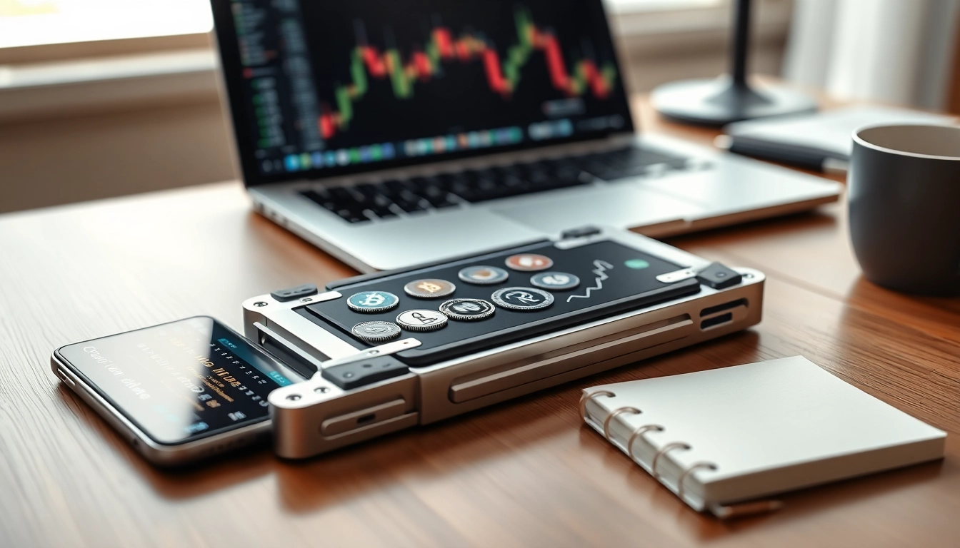 Crypto Wallet showcasing digital currencies on a sleek desk with modern tech elements.