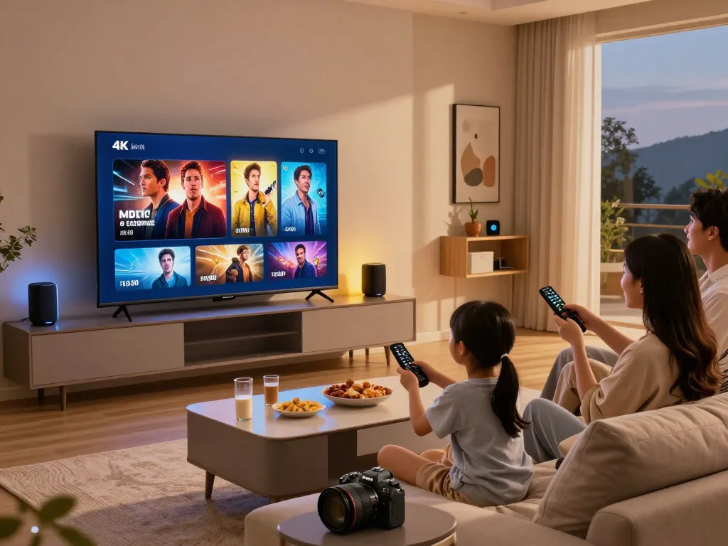 Enjoying smart IPTV with family in a cozy living room, vibrant 4K display and wireless speakers enhancing the experience.