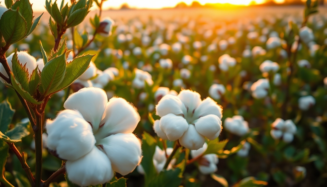 Katoenplanten in een weelderig veld met zachte katoenbollen en groene bladeren.