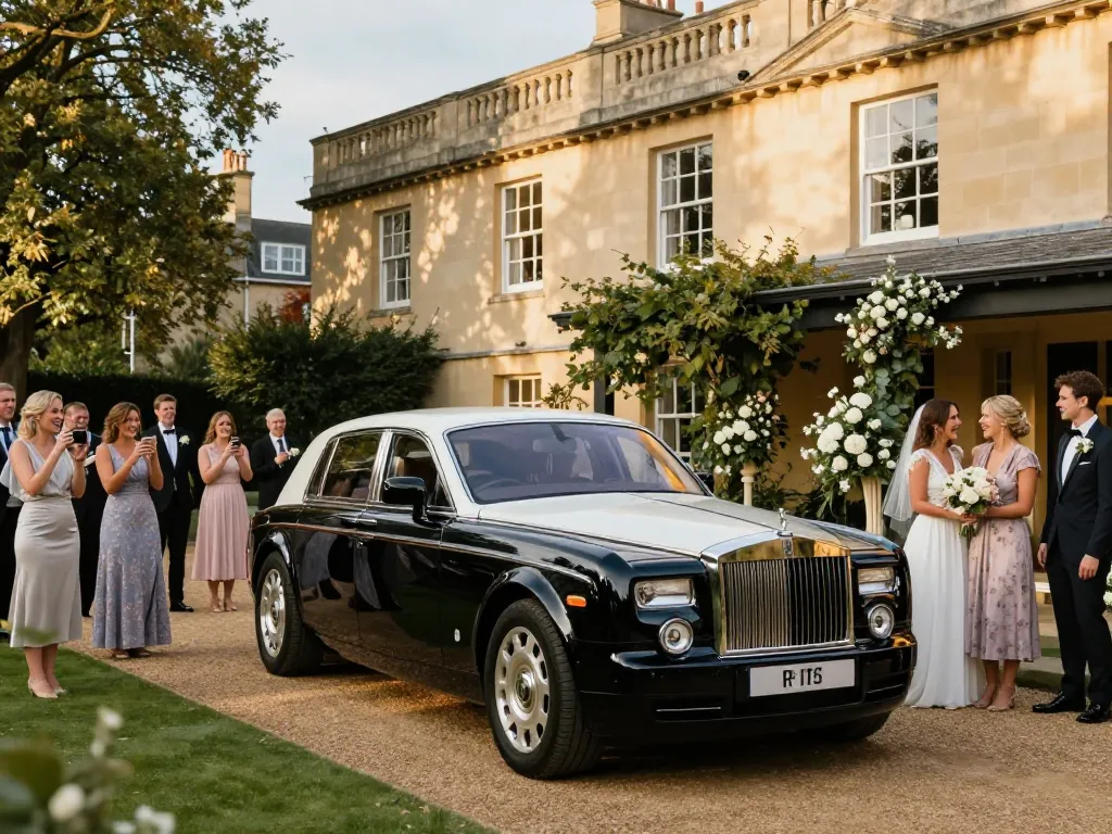 Nottingham Limo Hire with a stylish Rolls-Royce Phantom at a wedding venue, capturing elegance and celebration.