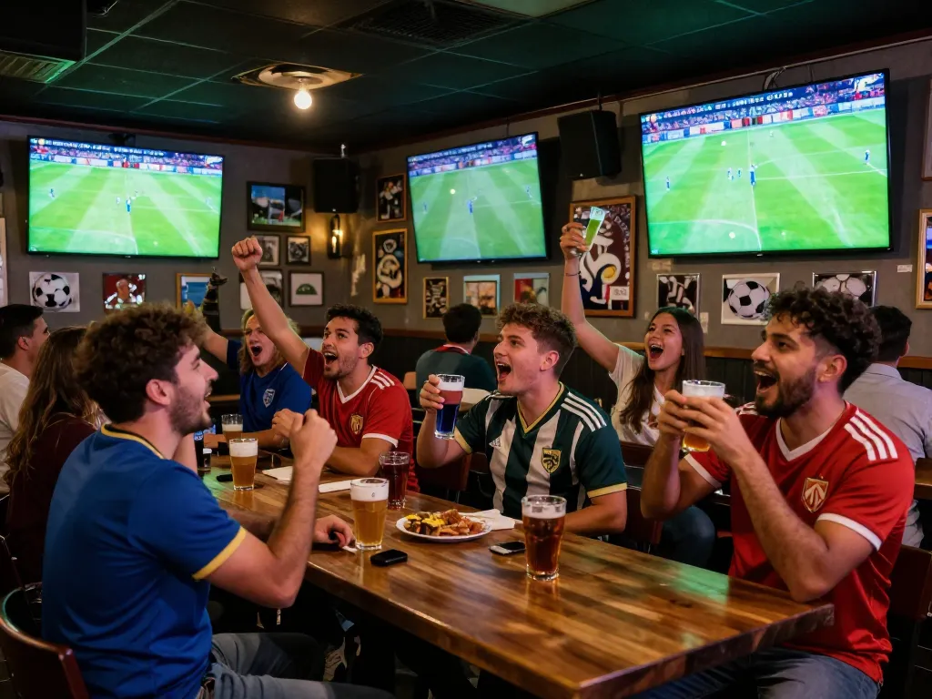 Xem bóng đá trực tiếp hôm nay, enthusiastic fans enjoying a live soccer match at a vibrant sports bar, celebrating together