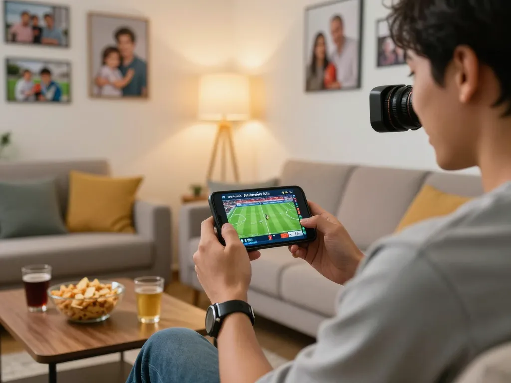 Xem bóng đá trực tiếp hôm nay from home using smartphone while enjoying snacks and drinks.