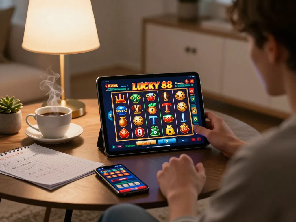 Engaging scene of a player exploring the Lucky 88 slot machine on a tablet in a cozy living room, promoting strategic online gaming.