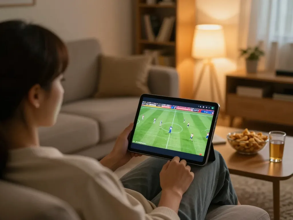 Xem bóng đá trực tiếp hôm nay on a tablet in a cozy home setup with snacks and warm lighting.