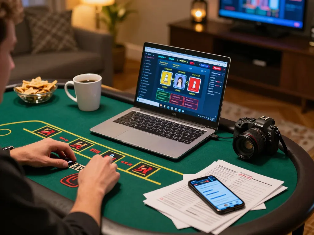 Engaged player using 88xeng to strategize in an online blackjack game at home.